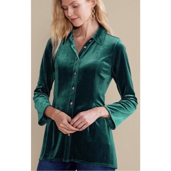Soft Surroundings Velvet Shirt Top Green Emerald Gold Button PXS Petite XS - Picture 9 of 9